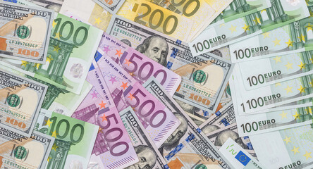 pile of dollar and euro banknote as background