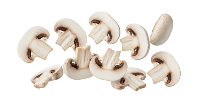 Sliced white mushrooms arranged on a transparent background. The mushrooms are fresh, showcasing their smooth caps and light color.