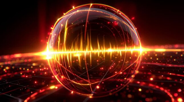 neon waveform orb with red and yellow audio pulses, rotating in sync with invisible beat, futuristic background, loop animation