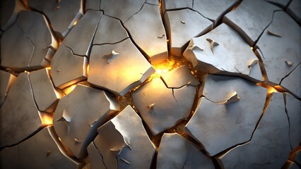 A cracked and fractured stone surface reveals a bright glowing light emanating from within