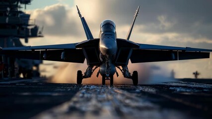 A closeup shot of a fighter jet poised on the edge of the aircraft carriers deck its landing gear extended and engine running ready for a powerful launch into the sky above.