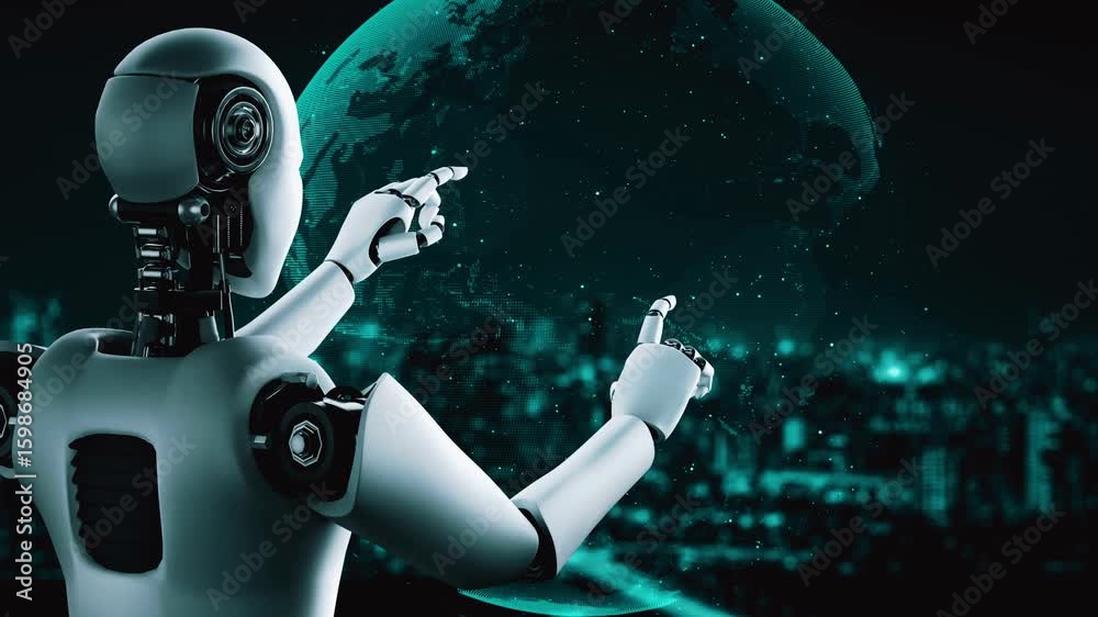 Poster ai robot huminoid uses cloud computing technology to store data on online server . futuristic concep