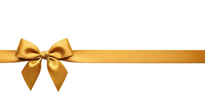 Golden gift ribbon with a bow tied in the center, horizontal layout. Isolated on transparent background, png