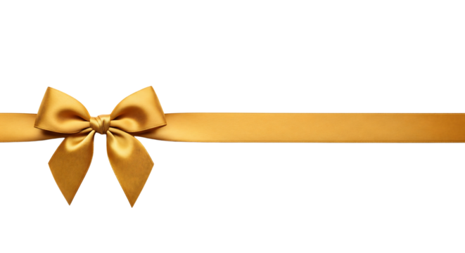 Golden gift ribbon with a bow tied in the center, horizontal layout. Isolated on transparent background, png