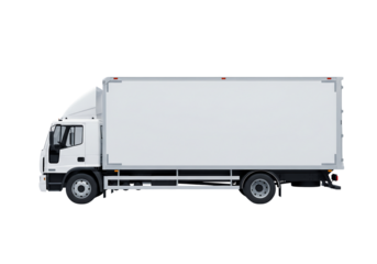 White delivery truck with a blank cargo container for mockup, side view. Isolated on transparent background, png