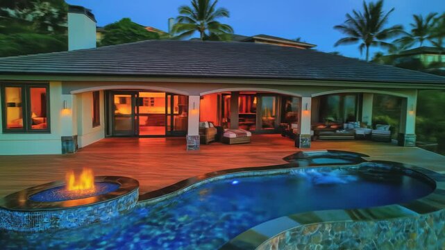 Luxurious outdoor pool area at sunset