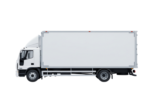 White delivery truck with a blank cargo container for mockup, side view. Isolated on transparent background, png