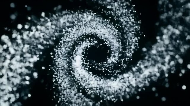 Abstract particle stream flowing in a spiral on dark backdrop.