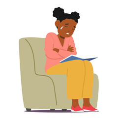 Unhappy girl child cartoon character crying feeling difficulties with reading sitting on armchair