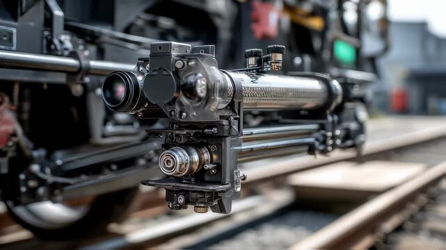 Close up of a sophisticated camera system mounted on a train, capturing detailed images of the tracks to ensure safe and efficient railway operations