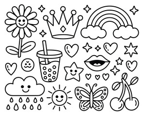 Cute Doodle Collection of Flowers, Rainbow, Hearts, and More