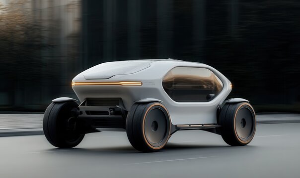 Futuristic autonomous vehicle traveling along a City street during daylight