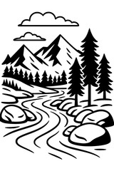 Black and White Line Art Mountain River Landscape