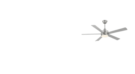 A modern brushed nickel ceiling fan with five blades and an integrated light fixture is shown isolated