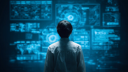 日本人中年男性が情報空間に立つ