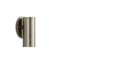 A modern brushed nickel cylinder wall sconce light fixture is mounted on a transparent background