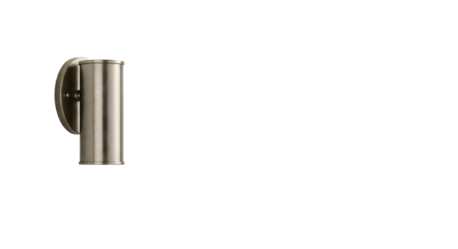 A modern brushed nickel cylinder wall sconce light fixture is mounted on a transparent background