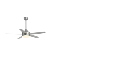 A modern brushed nickel ceiling fan with an integrated led light is shown isolated on a transparent