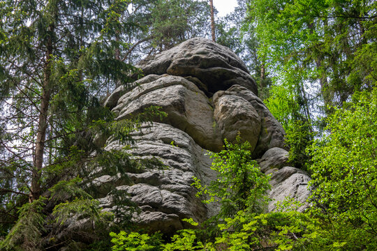 Adrspach Teplice Skaly Rocks natural rock formation towers in Czech Republic. Beautiful towering sandstone rock formations among the forest. Adrspach and Teplice rocks natural park landscape scenic