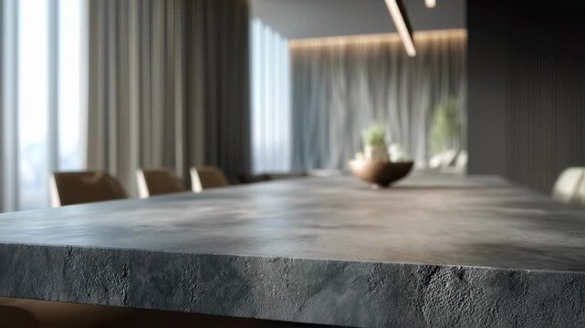 A luxurious gray concrete stone tabletop occupies the foreground its smooth surface reflecting the soft light. The rich texture of the concrete contrasts beautifully with the lightness