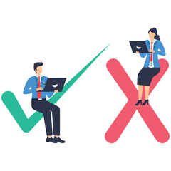 Two business people holding pros and cons, right and wrong symbols stock illustration