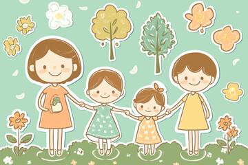 A simple depiction of a family holding hands is shown through minimalist illustration, using soft pastel tones and abstract silhouettes