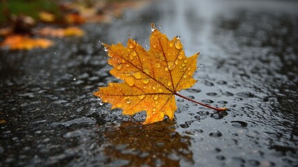 A vibrant yellow leaf lies on the rainy pavement, glistening with droplets. Surrounding water forms small ripples, capturing a serene autumn moment in a quiet neighborhood.