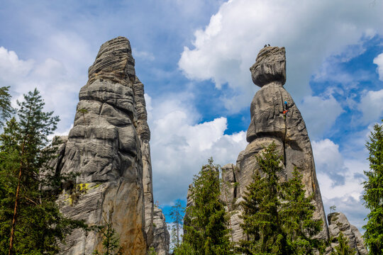 Adrspach Teplice Skaly Rocks natural rock formation towers in Czech Republic. Beautiful towering sandstone rock formations among the forest. Adrspach and Teplice rocks natural park landscape scenic