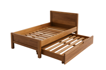 Modern wooden bed frame with a pull-out storage drawer, showcasing a clean and minimalist design.