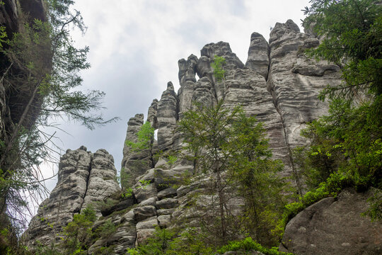 Adrspach Teplice Skaly Rocks natural rock formation towers in Czech Republic. Beautiful towering sandstone rock formations among the forest. Adrspach and Teplice rocks natural park landscape scenic