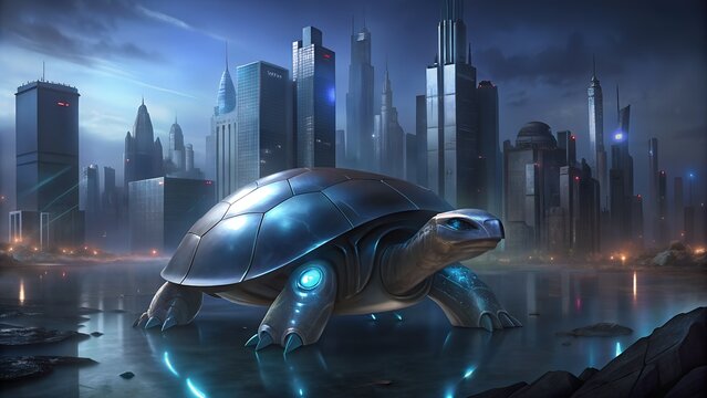 A giant futuristic turtle emerges from the water in a cyberpunk city with glowing neon lights and towering buildings
