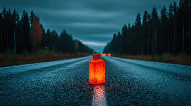 Illuminated lantern on a wet road at dusk.