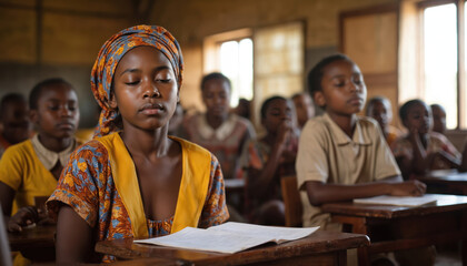 Young African children listen attentively during a lesson at a rural school in Malawi. Students, boys and girls, sit at worn wooden desks. Their faces show concentration, a mix of hope and resilience.