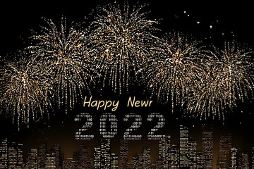 Celebratory fireworks illuminate a digital cityscape with binary code and the words Happy New Year, symbolizing technological advancement and festive occasions.