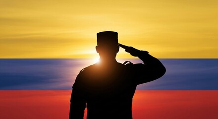Silhouette of Soldier Saluting Against a Vibrant Colombian Flag and Sunset Sky
