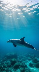 Obraz premium Graceful Dolphin Swims Beneath Sun Rays in Clear Blue Tropical Ocean Waters