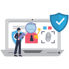 Flat illustration of detective overseeing digital forensics and investigating cyber crimes stock illustration