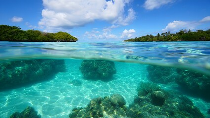 Split View of Tropical Island and Turquoise Lagoon