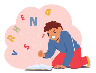 Anger boy child cartoon character with dyslexia tired doing lesson and misunderstanding in reading