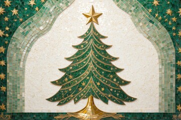 An elegant Christmas tree design meticulously crafted with mosaic tiles, stars adorn the background.