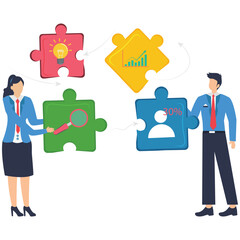 Assembling market strategies, comprehensive data analysis, collaborative problem-solving, insightful decision-making concept vector illustration. Business analysts building puzzle with charts stock il