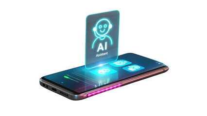 Smartphone projecting a glowing ai chatbot hologram with futuristic interface