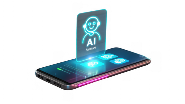 Smartphone projecting a glowing ai chatbot hologram with futuristic interface