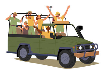 People tourists enjoying african safari tour adventure diving car isolated on white background