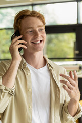 Ginger young man in cafe talking on the phone and looking enjoyed