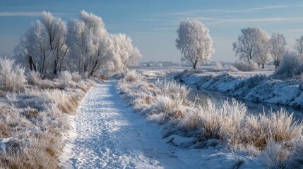 A snowy path leads through a forest with trees covered in frost. The scene is peaceful and serene, with the snow-covered ground and trees creating a sense of calmness