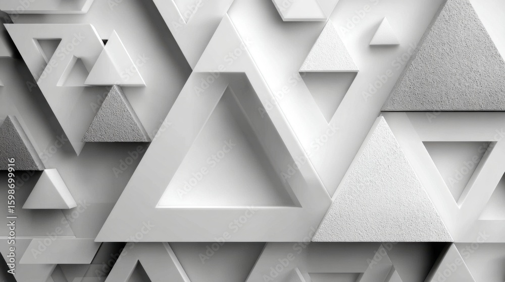 Poster the image is a white and gray abstract design of triangles. the triangles are arranged in various si