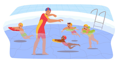 Coach teaching little preschool children swimming with special equipment in water pool cartoon scene