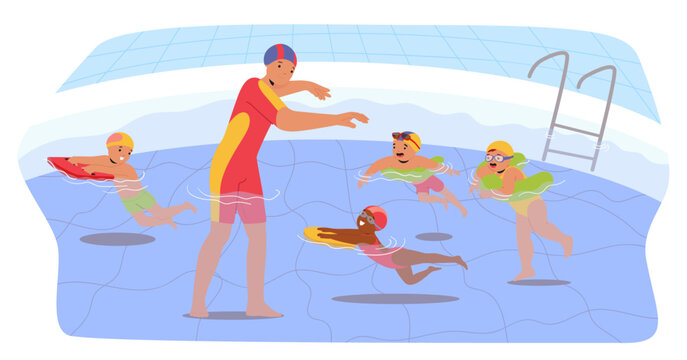 Coach teaching little preschool children swimming with special equipment in water pool cartoon scene - Powered by Adobe