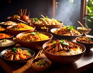 Obraz premium Diverse array of Asian dishes, vibrant colors